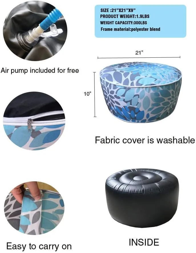 Kozyard Inflatable Ottoman Stool - Portable Round Pouf for Indoor/Outdoor Use - Perfect Small Foot Rest or Seating for Kids and Adults - Ideal for Camping or Home (Blue Pattern)
