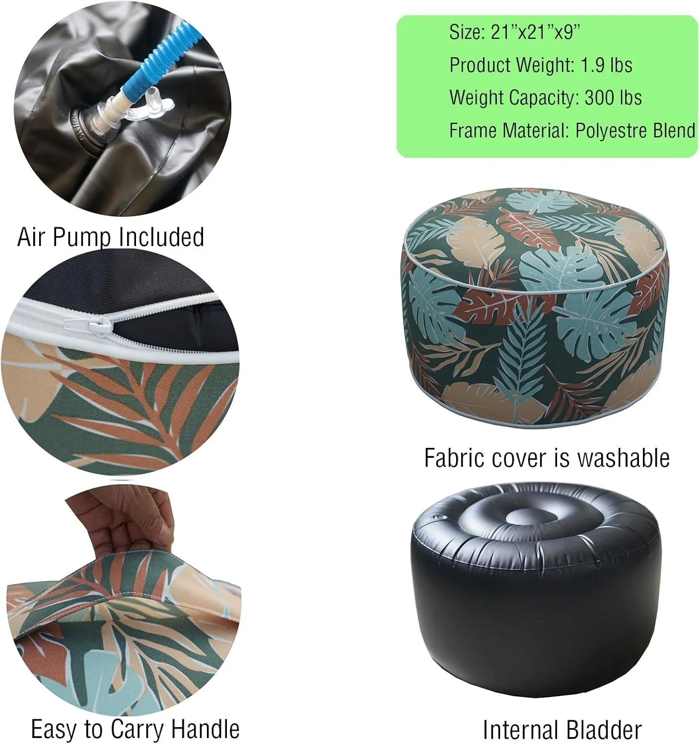 Kozyard Inflatable Stool Ottoman Used for Indoor or Outdoor, Kids or Adults, Camping or Home (Leaf Pattern)