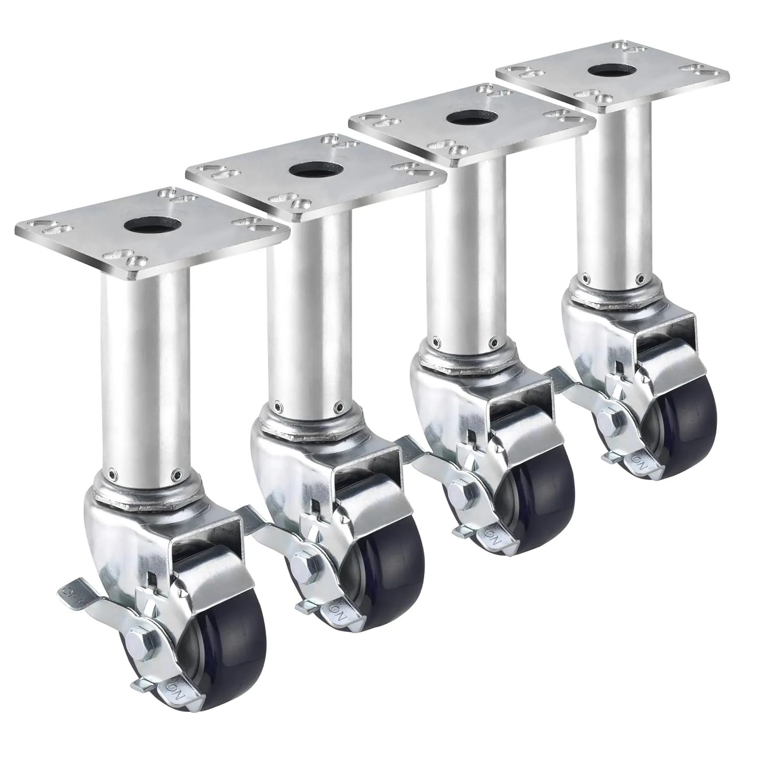Krowne 28-117S 3" Heavy Duty Swivel Casters with Locking Wheels and Adjustable Height | Compatible with Pitco Fryers | 220 lb Capacity per Caster | Silver/Black, Metal/Polypropylene, NSF (Set of 4)