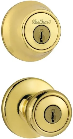 Kwikset 96900-305 Frustration_Free 690 Tylo Keyed Entry Knob & Single Cylinder Deadbolt Combo (1-Pack), Polished Brass