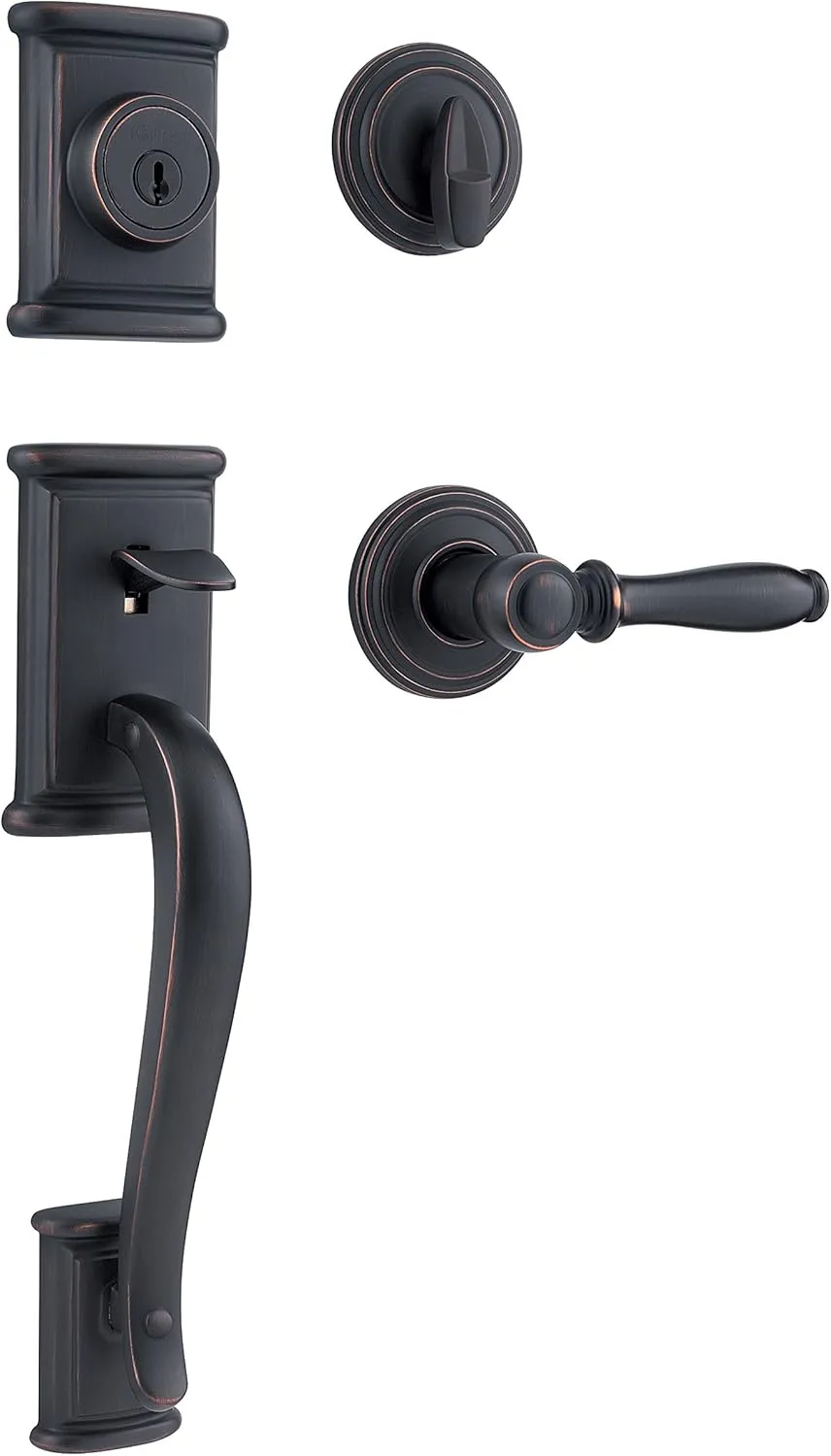 Kwikset Ashfield Front Door Lock Handle and Deadbolt Set, Entry Handleset Exterior with Interior Reversible Lever, Venetian Bronze, Pick Resistant SmartKey Rekey Deadbolt Security