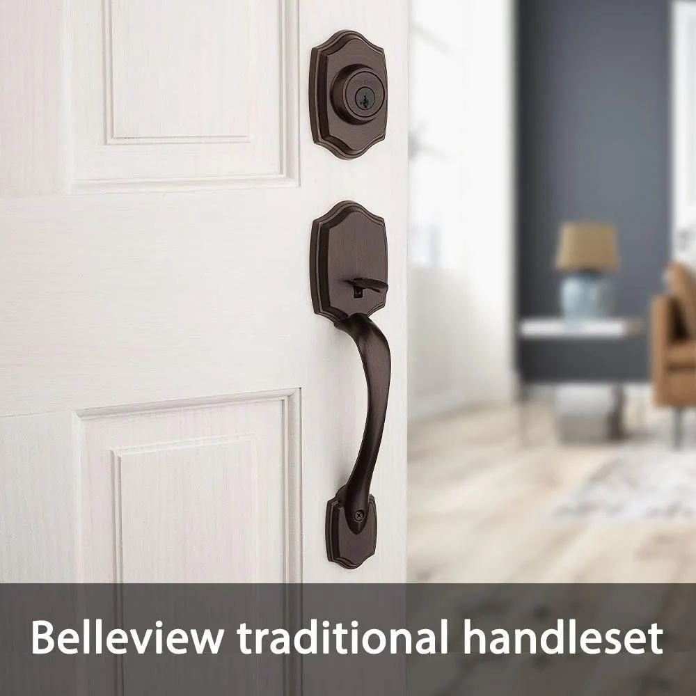 Kwikset Belleview Front Door Lock Handle and Deadbolt Set, Entry Handleset Exterior with Interior Door Knob, Venetian Bronze, Pick Resistant SmartKey Rekey Deadbolt Security, Brown