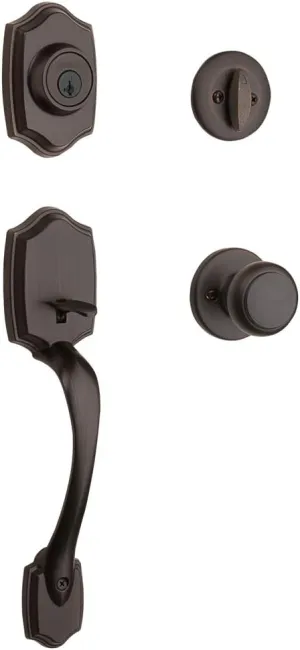 Kwikset Belleview Front Door Lock Handle and Deadbolt Set, Entry Handleset Exterior with Interior Door Knob, Venetian Bronze, Pick Resistant SmartKey Rekey Deadbolt Security, Brown
