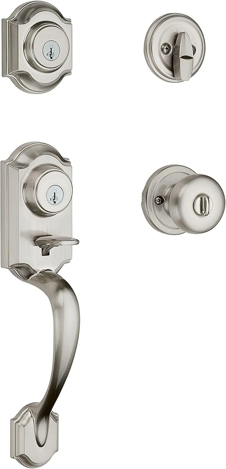 Kwikset Montara Front Door Lock Handle and Deadbolt Set, Entry Handleset Exterior with Interior Door Knob, Satin Nickel, Pick Resistant SmartKey Rekey Deadbolt Security