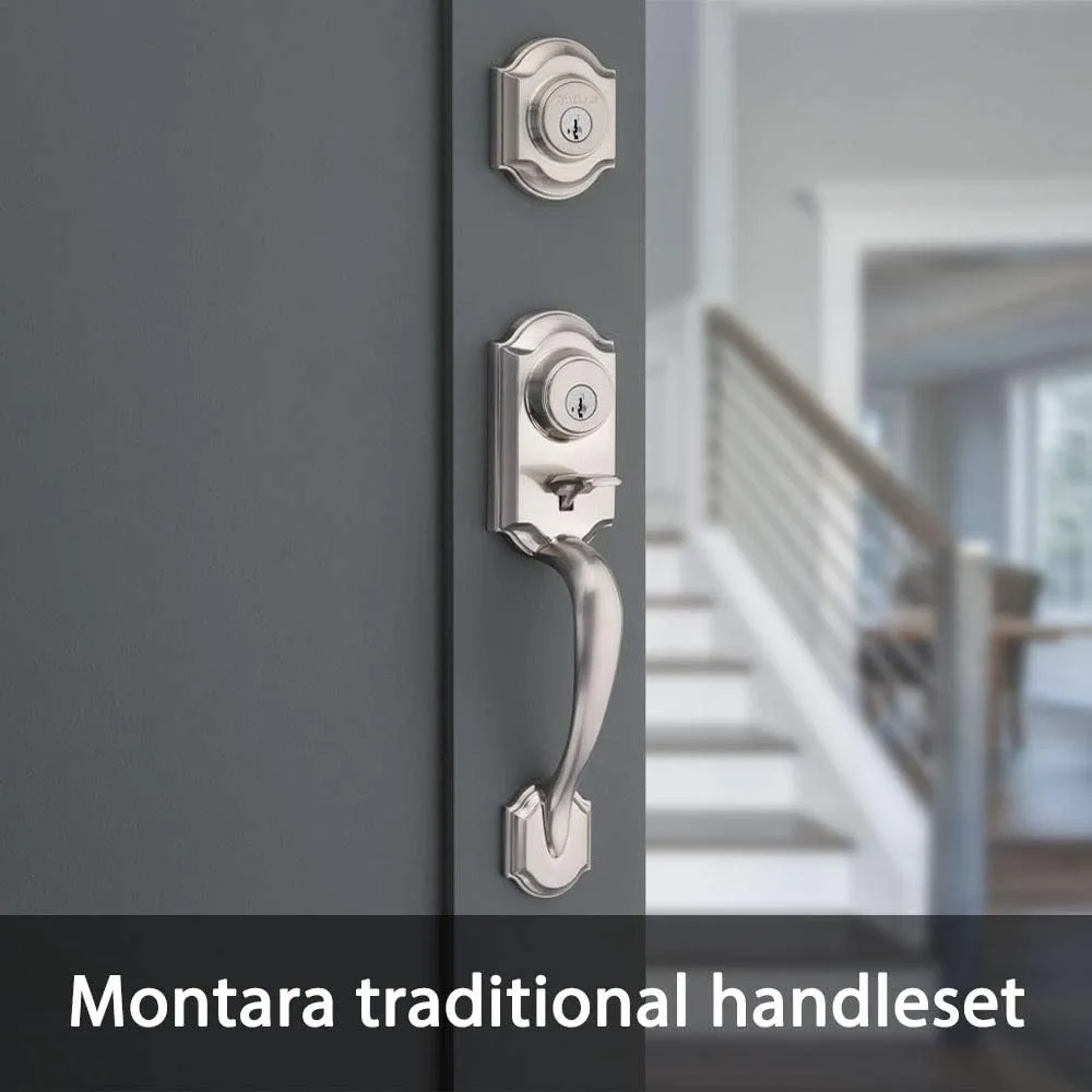 Kwikset Montara Front Door Lock Handle and Deadbolt Set, Entry Handleset Exterior with Interior Door Knob, Satin Nickel, Pick Resistant SmartKey Rekey Deadbolt Security