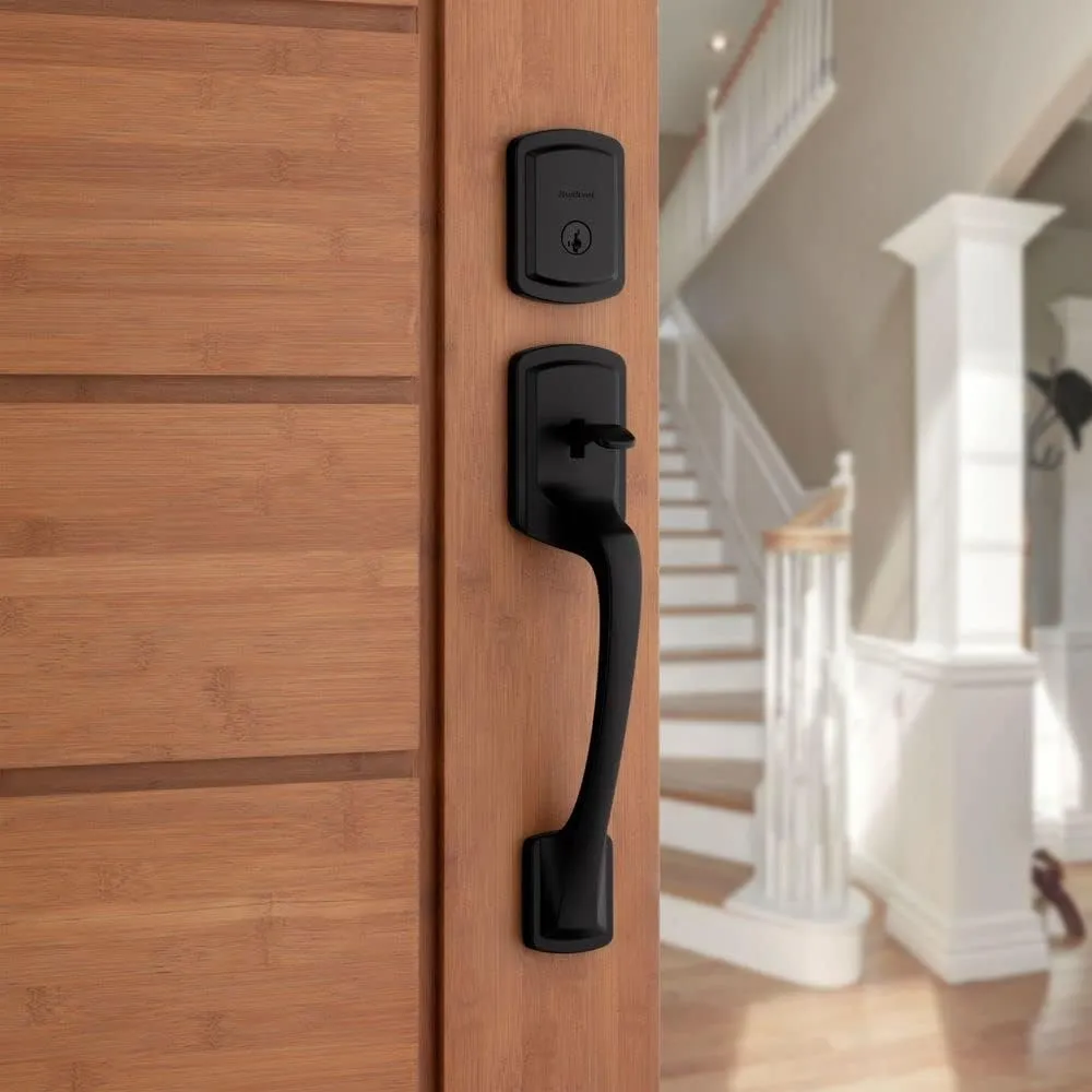 Kwikset Prague Front Door Lock Handle and Deadbolt Set, Entry Handleset Exterior with Interior Door Knob, Matte Black, Pick Resistant SmartKey Rekey Deadbolt Security, 98180-026