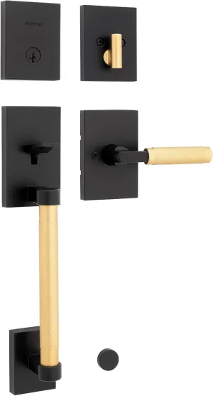 Kwikset Prava Front Door Handle and Deadbolt Set, Entry Handleset Exterior with Interior Reversible Lever, Matte Black and Satin Brass, Pick Resistant SmartKey Deadbolt, with Microban Protection