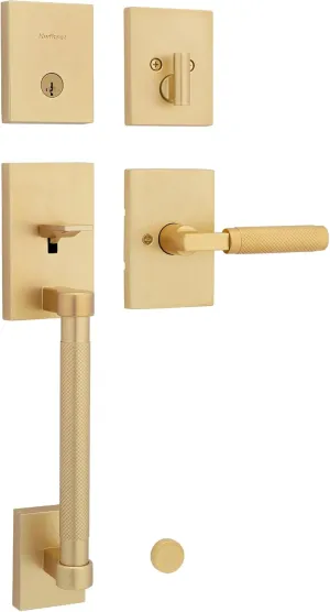 Kwikset Prava Front Door Handle and Deadbolt Set, Entry Handleset Exterior with Interior Reversible Lever, Satin Brass, Pick Resistant SmartKey Rekey Deadbolt Security, with Microban Protection