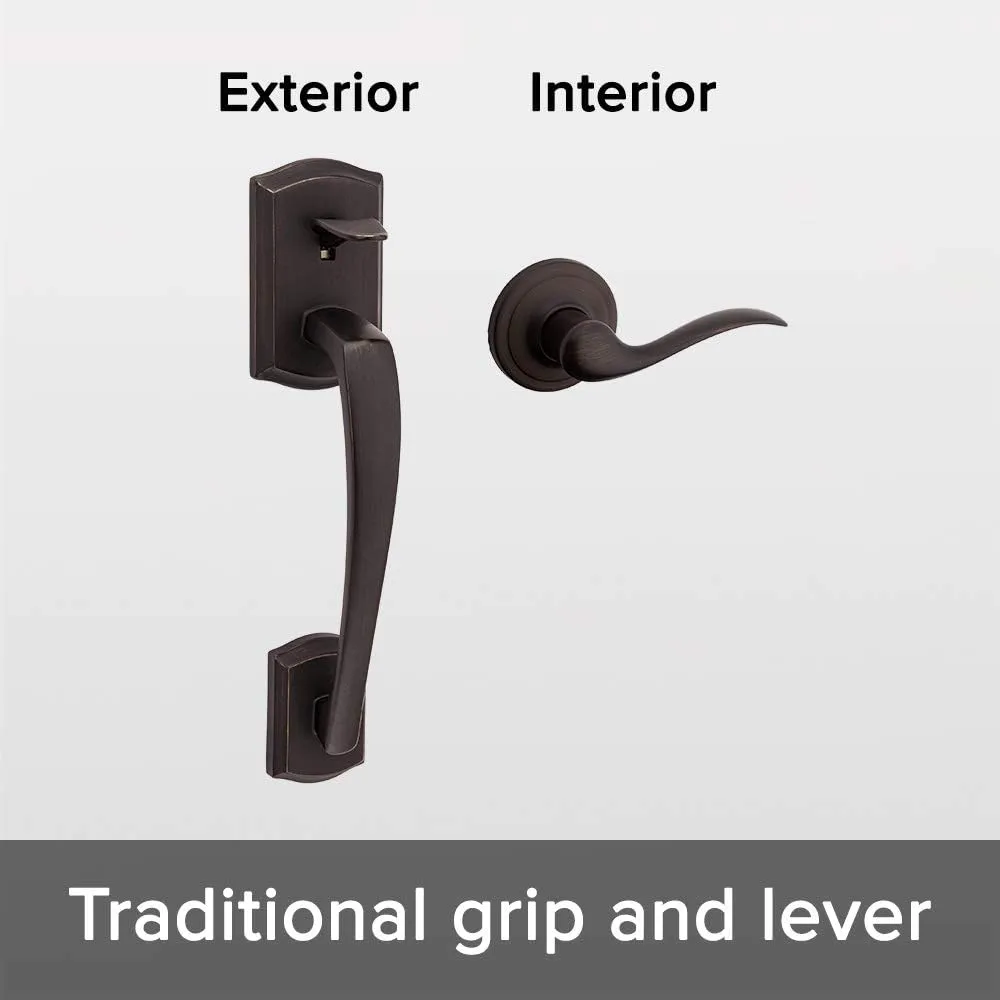 Kwikset Prescott Front Door Handle No Lock, Entry Handleset Exterior with Interior Reversible Handed Lever, Non-Locking, Venetian Bronze, Deadbolt Not Included, with Microban Protection