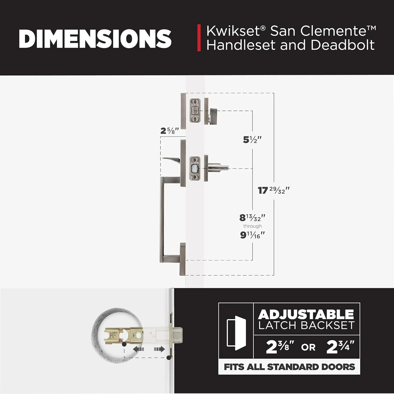 Kwikset San Clemente Front Door Lock Handle and Deadbolt Set, Entry Handleset Exterior with Interior Reversible Lever, Satin Nickel, Pick Resistant SmartKey Rekey Deadbolt Security