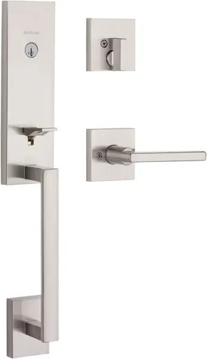 Kwikset Vancouver Front Door Lock Handle and Deadbolt Set, Entry Handleset Exterior with Interior Reversible Lever, Satin Nickel, Pick Resistant SmartKey Rekey Deadbolt Security