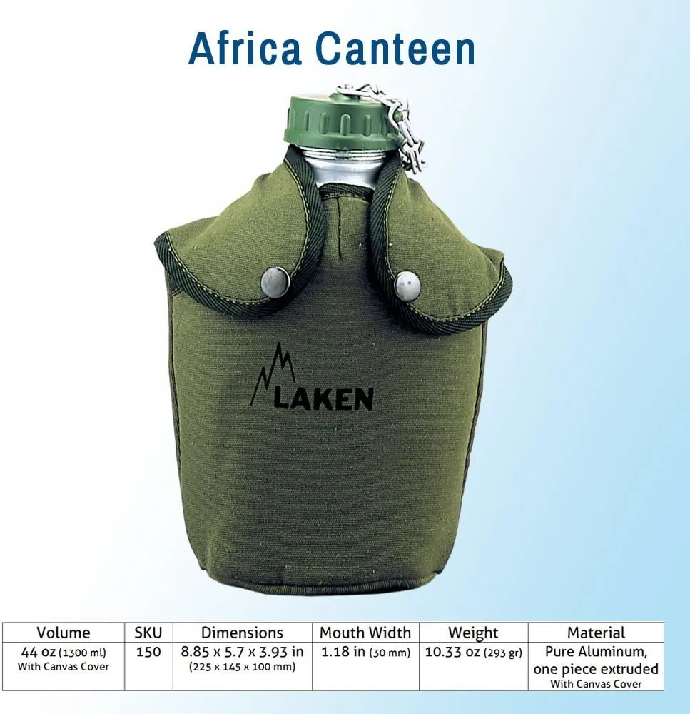 Laken Camping and Hiking Water Canteens Western and Military Styles with Shoulder Strap, Aluminum with Cover, BPA Free, Leak Proof
