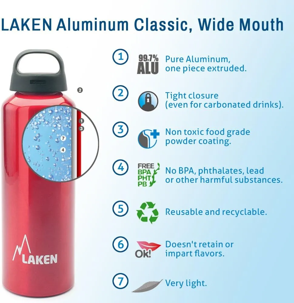Laken Classic Aluminum Water Bottle, Wide Mouth with Screw Cap and Loop, BPA Free, Made in Spain, 20oz, Red