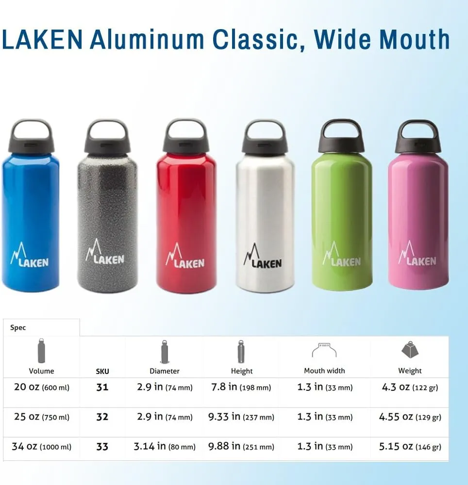 Laken Classic Aluminum Water Bottle, Wide Mouth with Screw Cap and Loop, BPA Free, Made in Spain, 20oz, Red