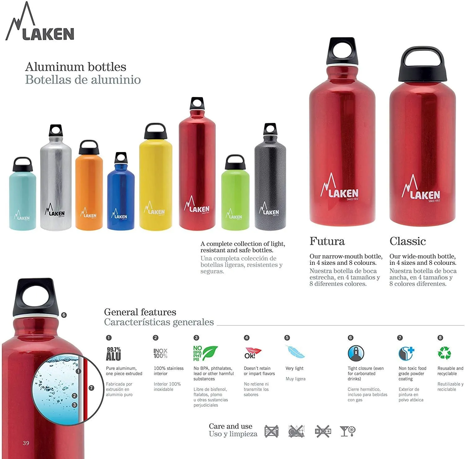 Laken Futura Aluminum Water Bottle - Narrow Mouth, Screw Cap with Loop - Leak-Proof, BPA Free, Made in Spain - 20oz, Granite
