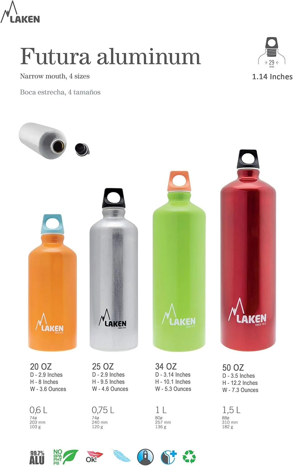 Laken Futura Aluminum Water Bottle - Narrow Mouth, Screw Cap with Loop - Leak-Proof, BPA Free, Made in Spain - 20oz, Granite