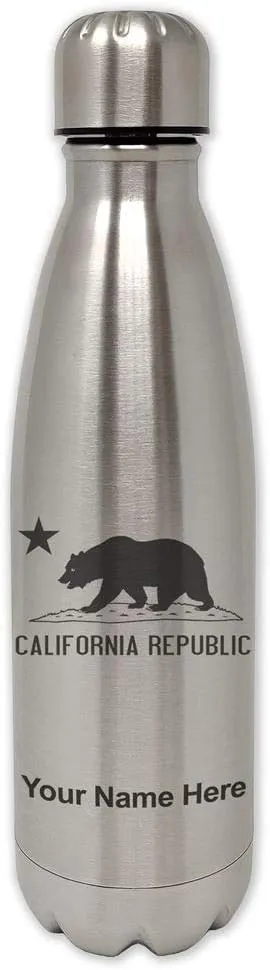 LaserGram Single Wall Stainless Steel Water Bottle, California Republic Bear Flag, Personalized Engraving Included
