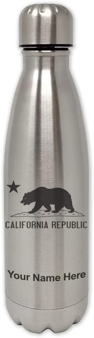 LaserGram Single Wall Stainless Steel Water Bottle, California Republic Bear Flag, Personalized Engraving Included