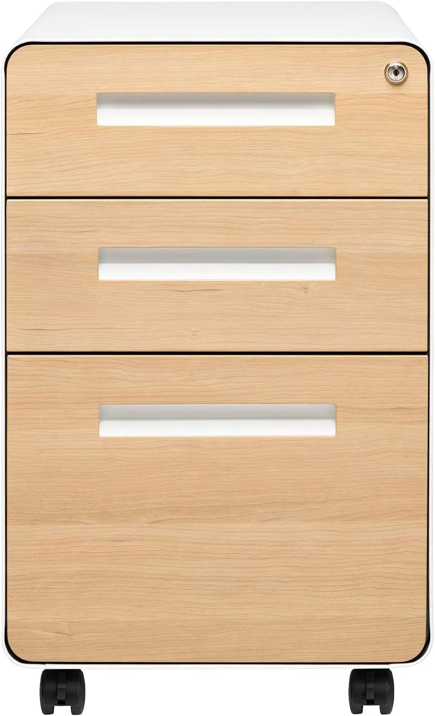 Laura Davidson Furniture Stockpile 3 Drawer File Cabinet with Lock - Under Office Desk Metal Filing Cabinet, Legal/Letter File Folders, Wheels and Stationary Feet, Pre-Assembled, White/Wood