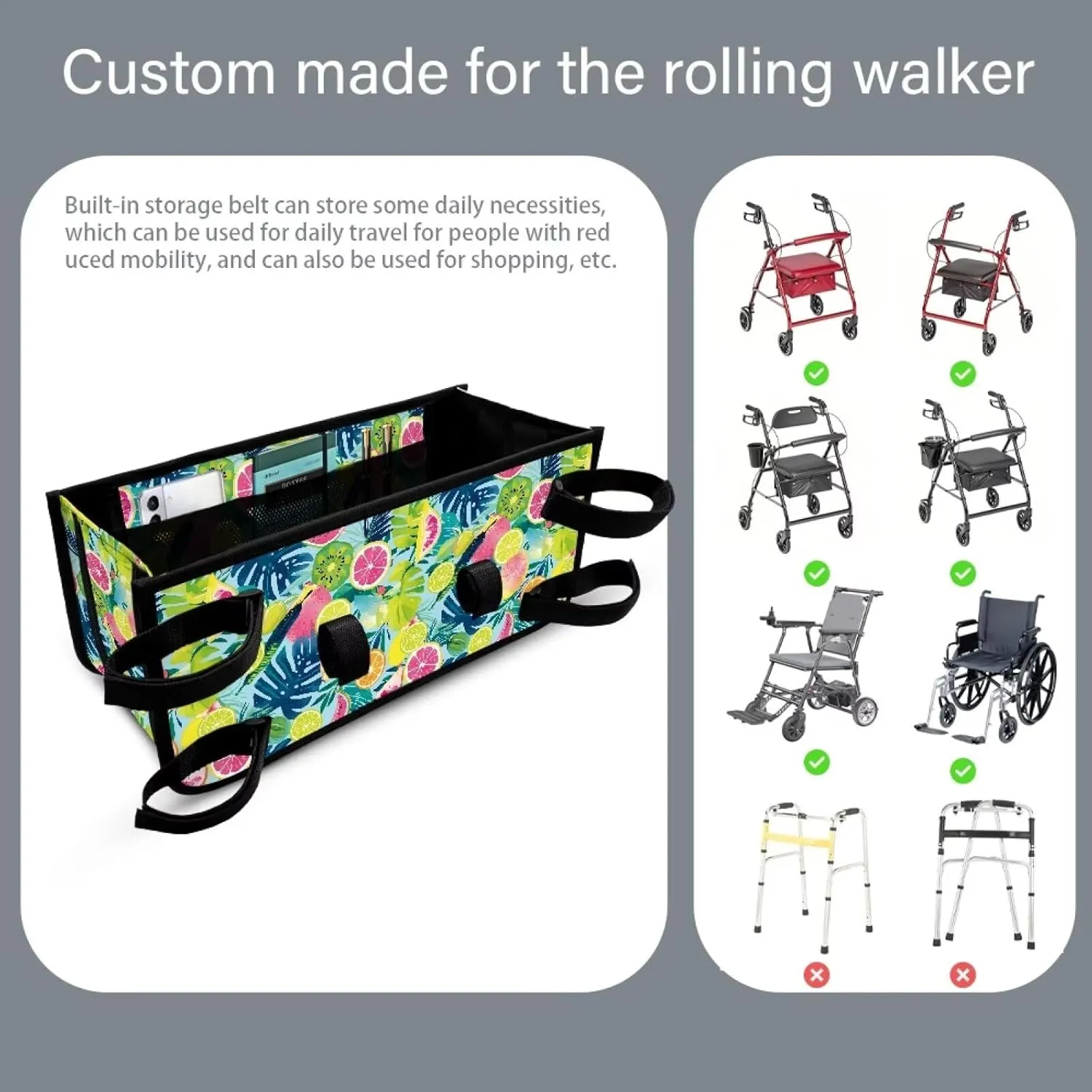 Lemon Leaves Hand-Free Carry Storage Bag for Universal Walkers Folding Walker Accessories Bag Mobility Aid Accessory Pouch for Elderly Senior