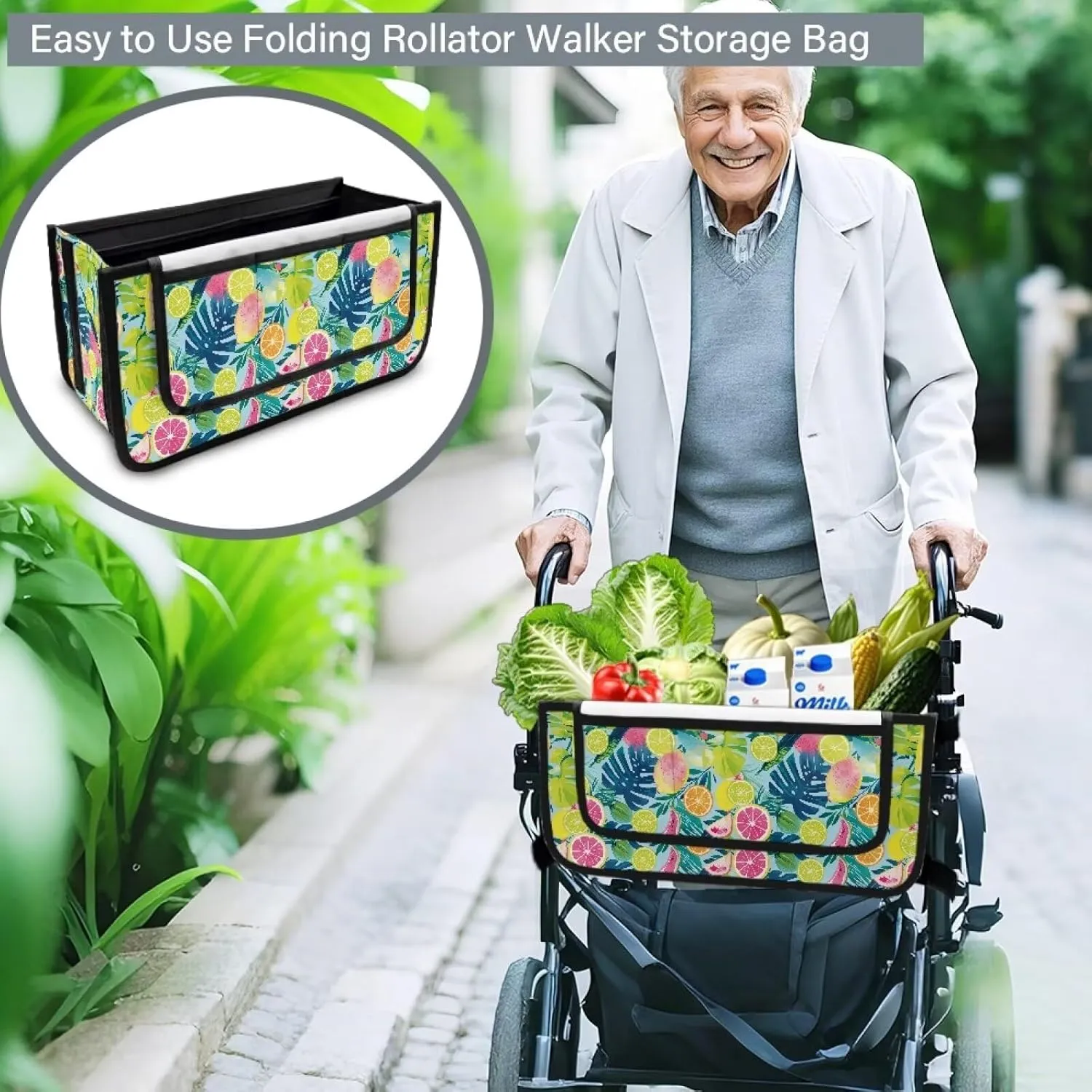 Lemon Leaves Hand-Free Carry Storage Bag for Universal Walkers Folding Walker Accessories Bag Mobility Aid Accessory Pouch for Elderly Senior