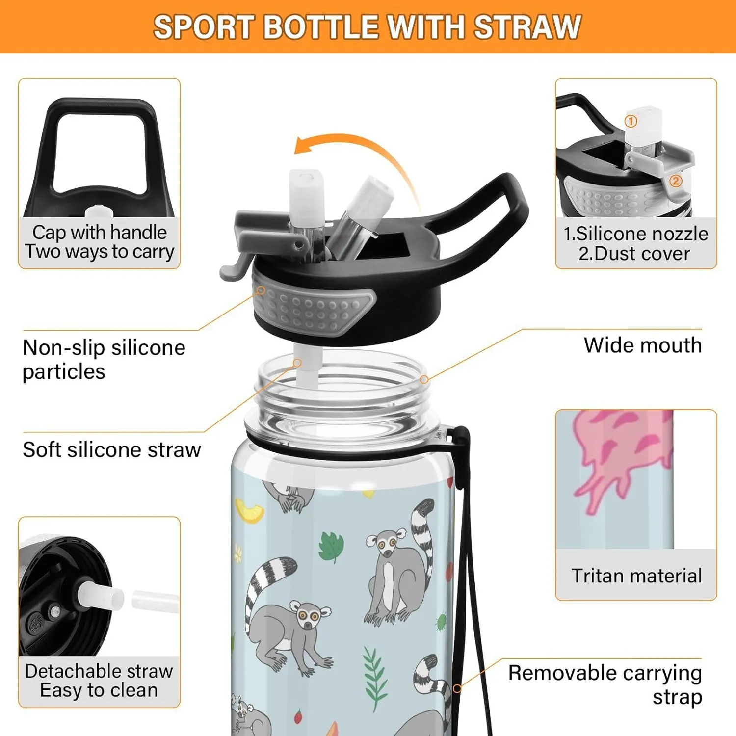 Lemur Monkey Funny Sports Water Bottle with Straw Lid Tritan Water Bottle Large 32oz BPA Free Clear Leakproof Drinking Bottle for Kids Boys Girls Women Men Gym School