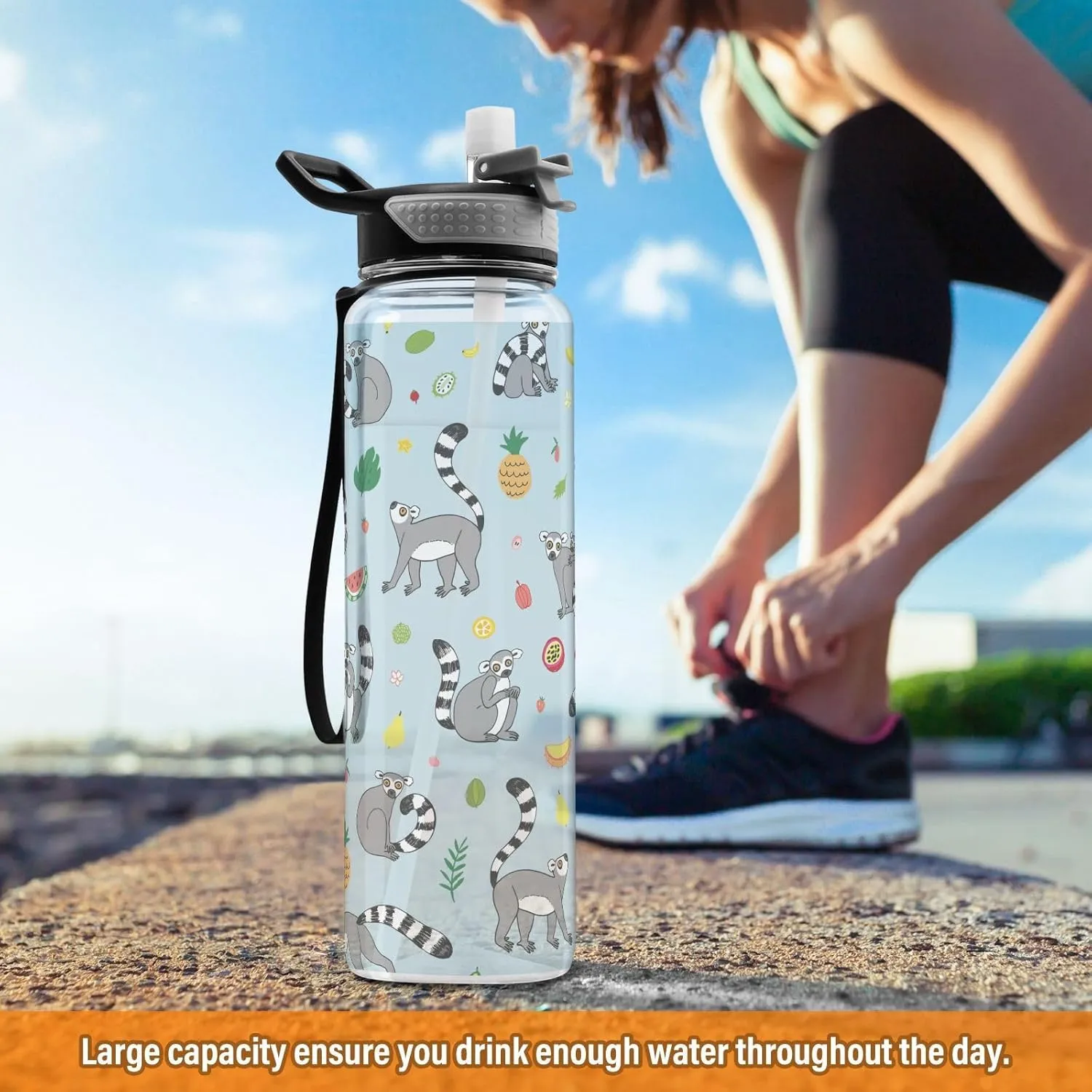Lemur Monkey Funny Sports Water Bottle with Straw Lid Tritan Water Bottle Large 32oz BPA Free Clear Leakproof Drinking Bottle for Kids Boys Girls Women Men Gym School