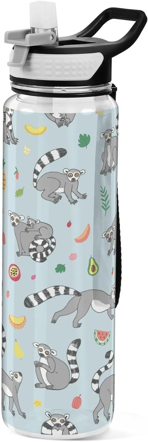 Lemur Monkey Funny Sports Water Bottle with Straw Lid Tritan Water Bottle Large 32oz BPA Free Clear Leakproof Drinking Bottle for Kids Boys Girls Women Men Gym School