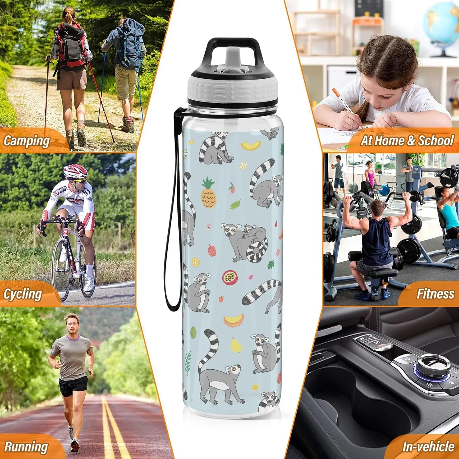 Lemur Monkey Funny Sports Water Bottle with Straw Lid Tritan Water Bottle Large 32oz BPA Free Clear Leakproof Drinking Bottle for Kids Boys Girls Women Men Gym School