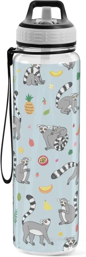 Lemur Monkey Funny Sports Water Bottle with Straw Lid Tritan Water Bottle Large 32oz BPA Free Clear Leakproof Drinking Bottle for Kids Boys Girls Women Men Gym School