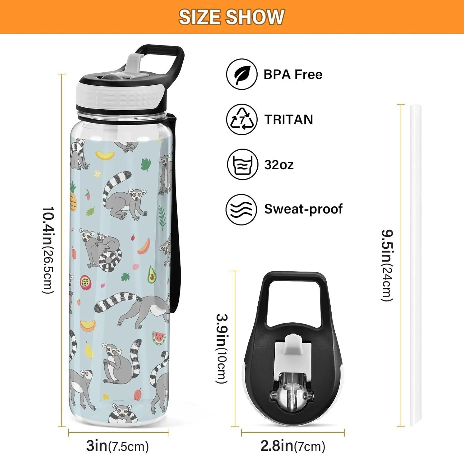 Lemur Monkey Funny Sports Water Bottle with Straw Lid Tritan Water Bottle Large 32oz BPA Free Clear Leakproof Drinking Bottle for Kids Boys Girls Women Men Gym School