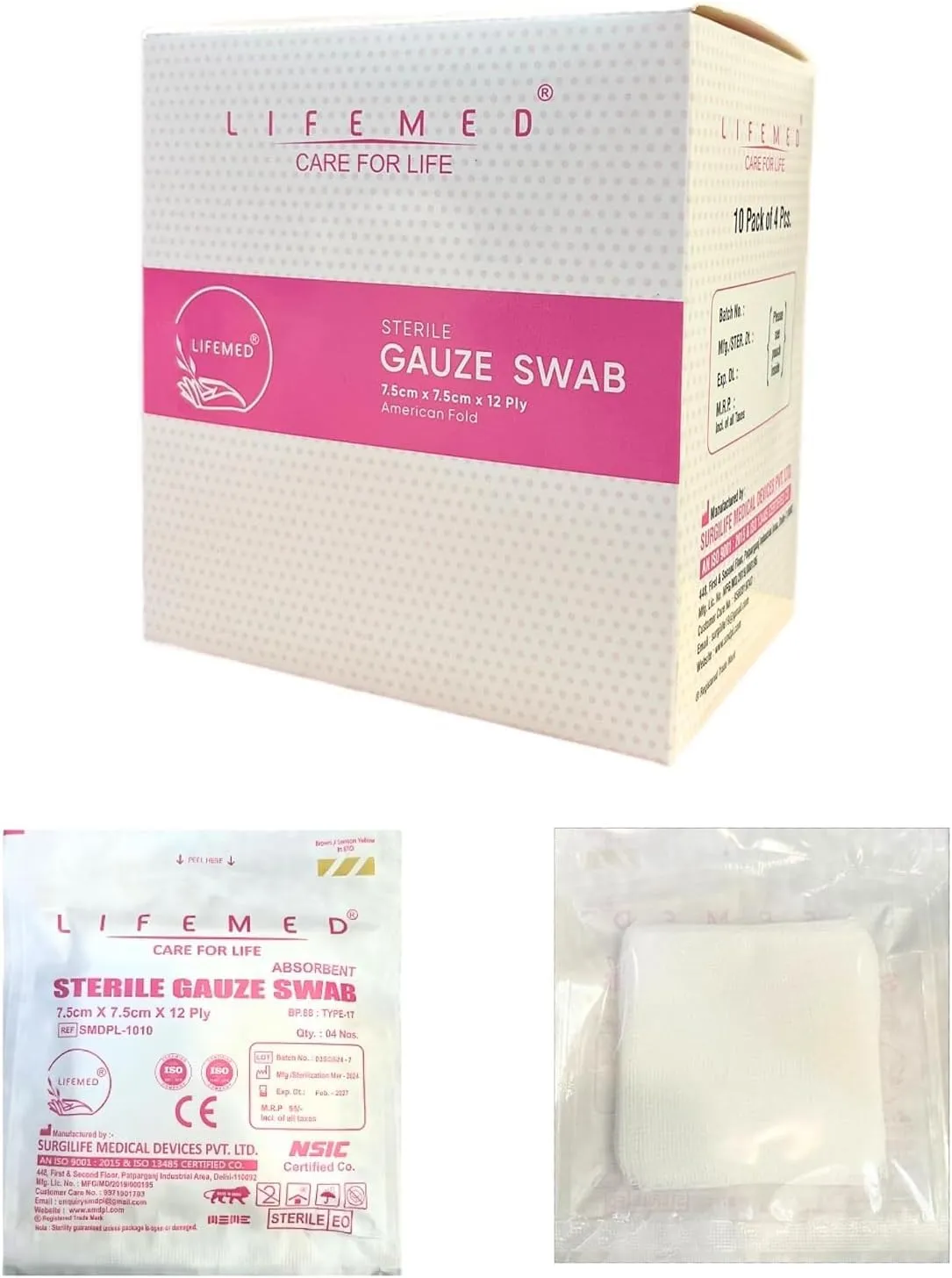 LIFEMED Absorbent Sterile Gauze Swab 7.5cm x 7.5cm x 12Ply Type-17 | Gauze Swab for Wound Dressing & First Aid (Box of 10 Pouch - 40 Nos)