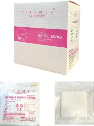 LIFEMED Absorbent Sterile Gauze Swab 7.5cm x 7.5cm x 12Ply Type-17 | Gauze Swab for Wound Dressing & First Aid (Box of 10 Pouch - 40 Nos)