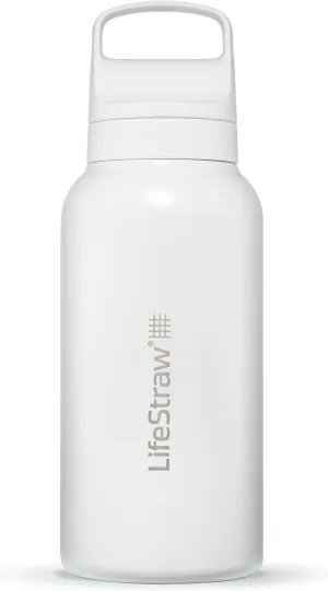 LifeStraw Go Series — Insulated Stainless Steel Water Filter Bottle for Travel and Everyday Use Removes Bacteria, Parasites and Microplastics, Improves Taste, 1L Polar White