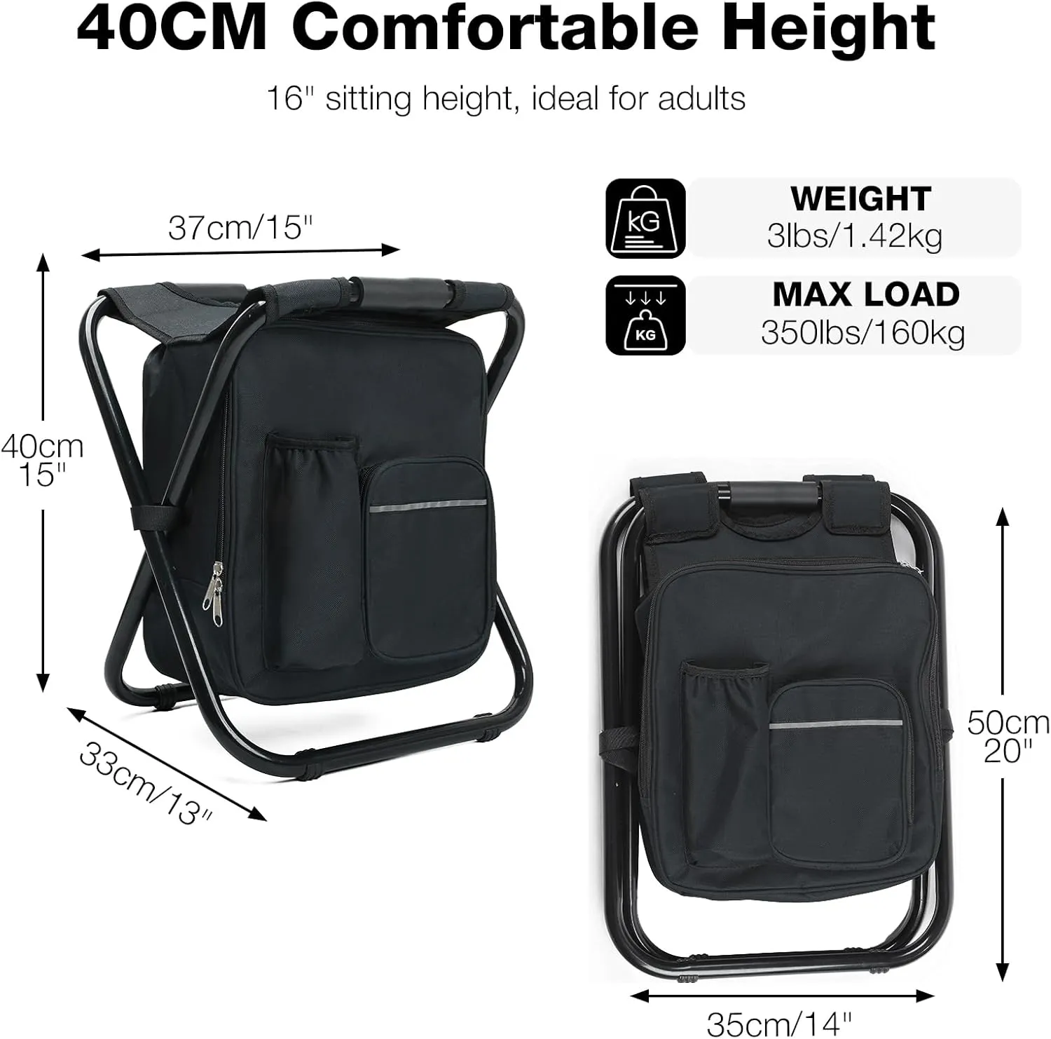 Lightweight Backpack Cooler Chair, Folding Camping Stool with 15L Integrated Cooler Bag for Adults Heavy Duty 350lbs, Portable Foot Rest for Travel Fishing Hiking