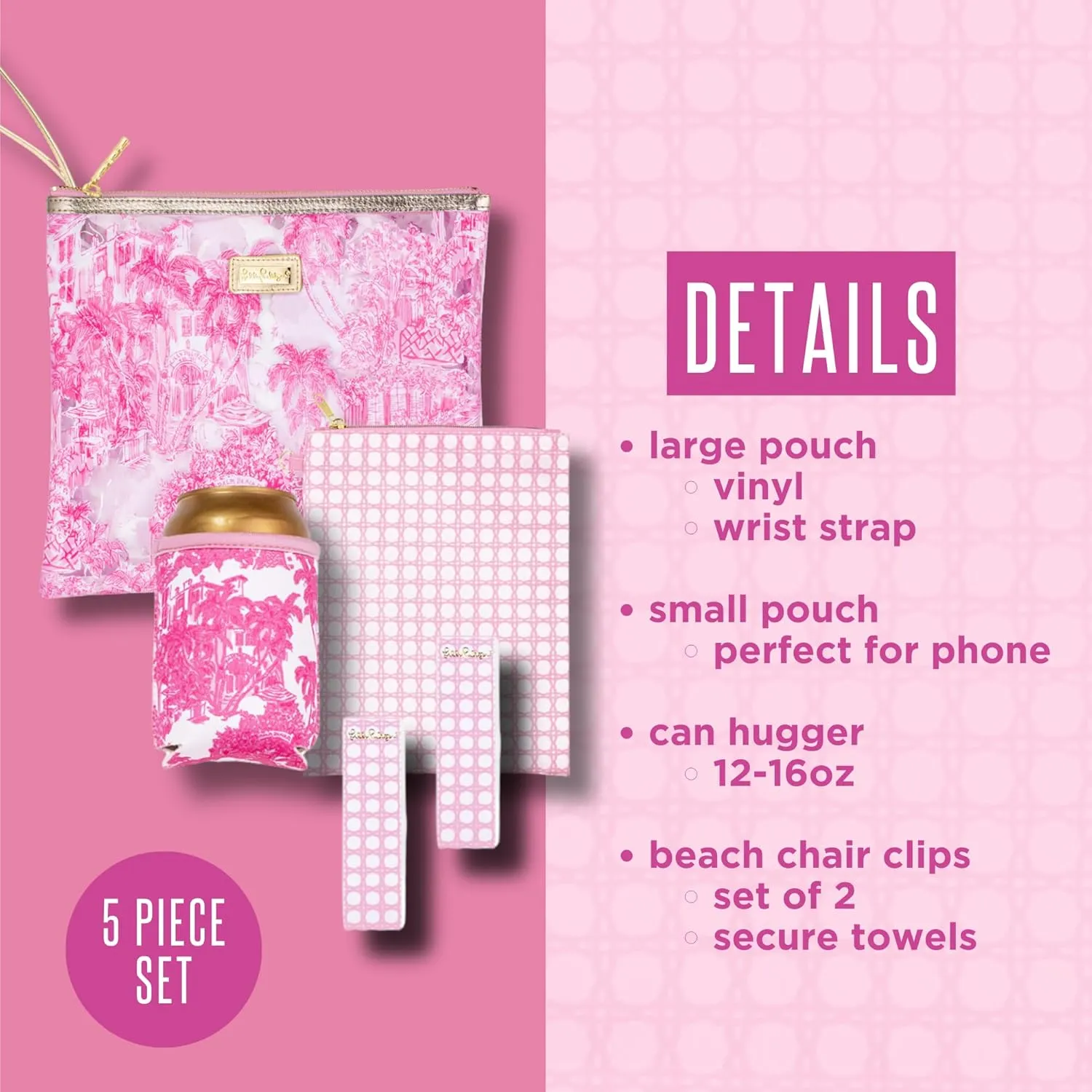 Lilly Pulitzer Water Resistant Vinyl Beach Day Pouch, Zipper Bag Includes Drink Hugger, Small Pouch, and Towel Clips