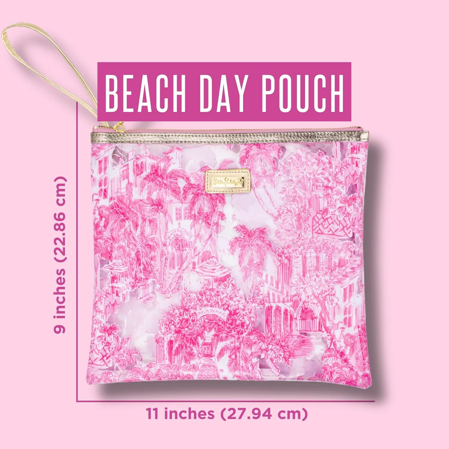 Lilly Pulitzer Water Resistant Vinyl Beach Day Pouch, Zipper Bag Includes Drink Hugger, Small Pouch, and Towel Clips
