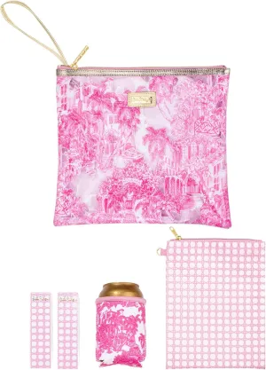 Lilly Pulitzer Water Resistant Vinyl Beach Day Pouch, Zipper Bag Includes Drink Hugger, Small Pouch, and Towel Clips
