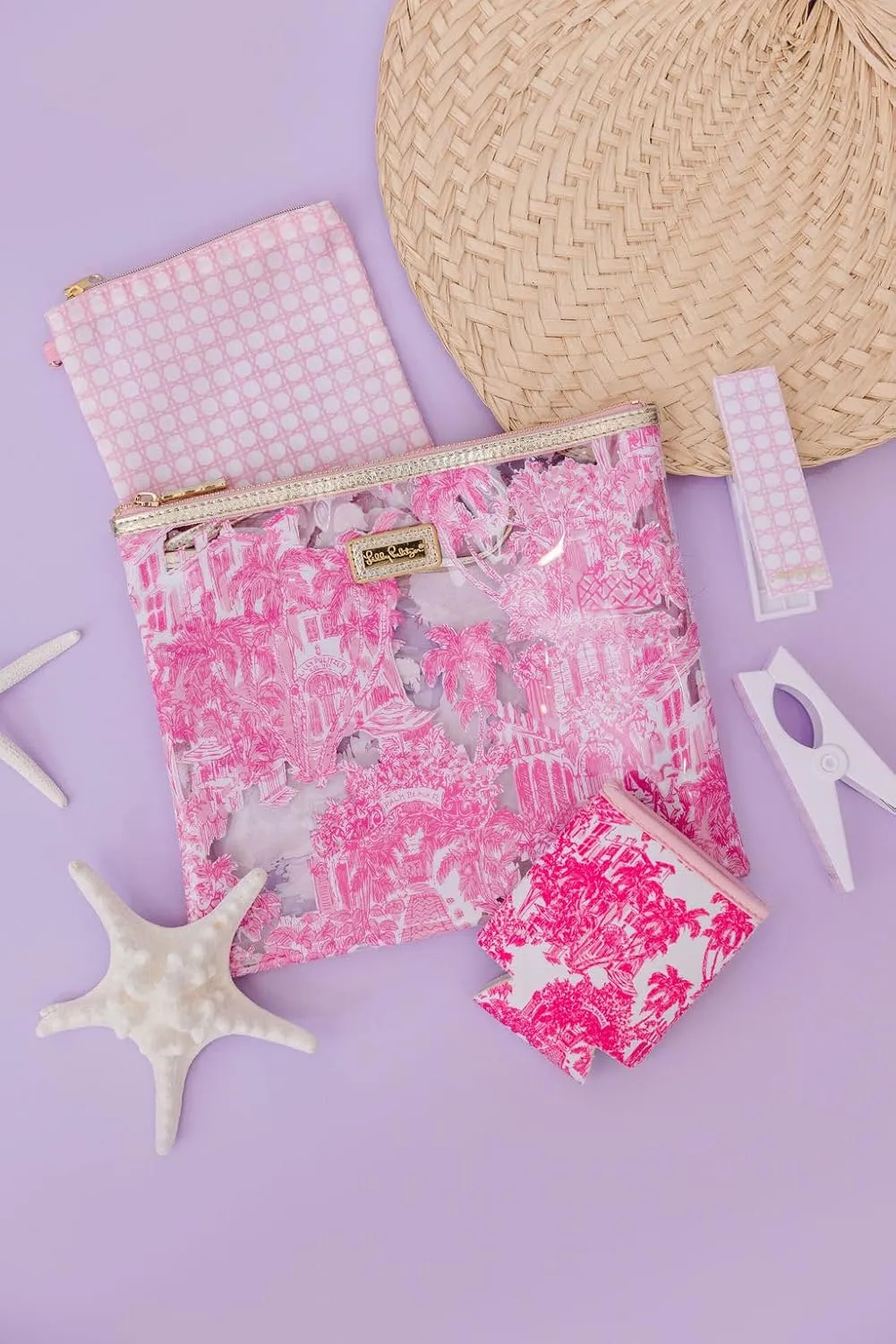 Lilly Pulitzer Water Resistant Vinyl Beach Day Pouch, Zipper Bag Includes Drink Hugger, Small Pouch, and Towel Clips