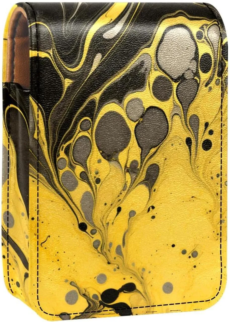 Lipstick Case,Portable Makeup Bag Cosmetic Pouch,Lipstick Holder Makeup Organizer,Black Yellow Gold Marble