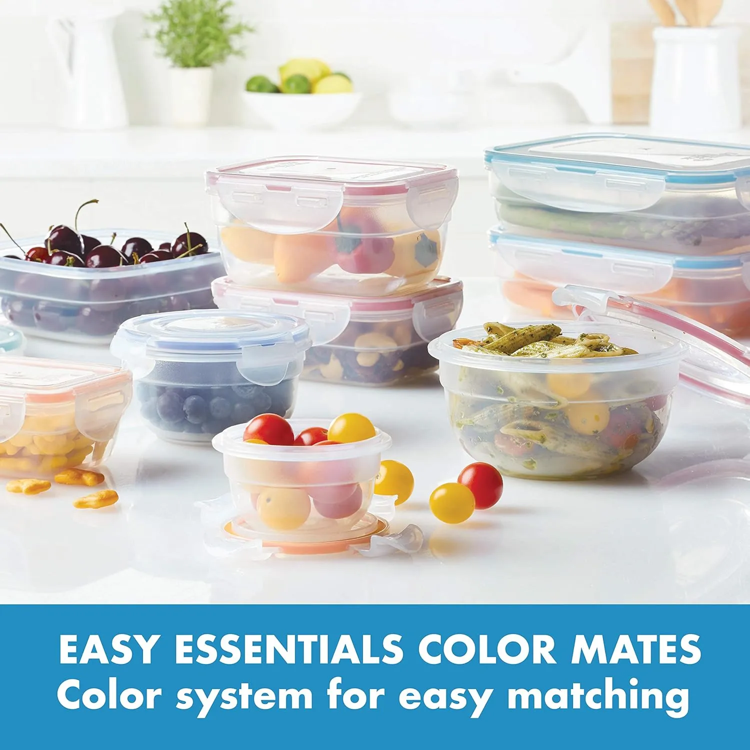 LOCK & LOCK Easy Essentials Color Mates Food Storage lids/Airtight containers, BPA Free, 18 Piece, Clear