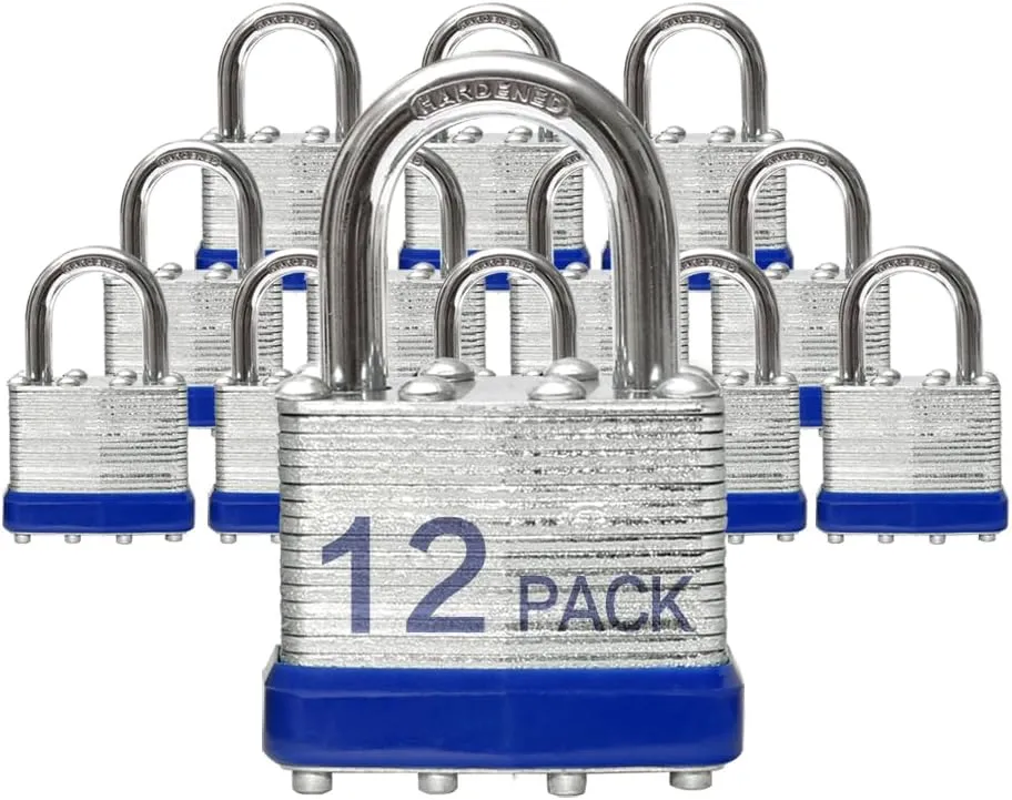 Lock Outdoor Padlocks, Key Lock, Padlocks with Same Key - Laminated Steel Keyed Padlocks with Normal Shackle, 12 Pack, for Hasp Latch, Sheds, Fences, Storage Locker, School, Gym