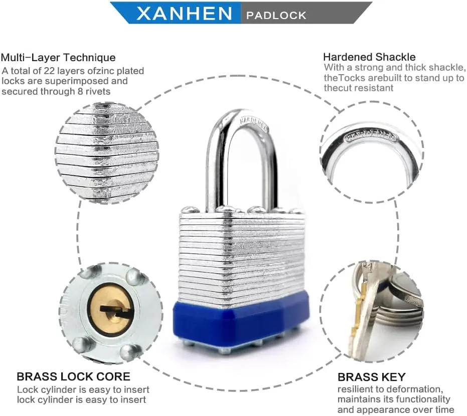 Lock Outdoor Padlocks, Key Lock, Padlocks with Same Key - Laminated Steel Keyed Padlocks with Normal Shackle, 12 Pack, for Hasp Latch, Sheds, Fences, Storage Locker, School, Gym