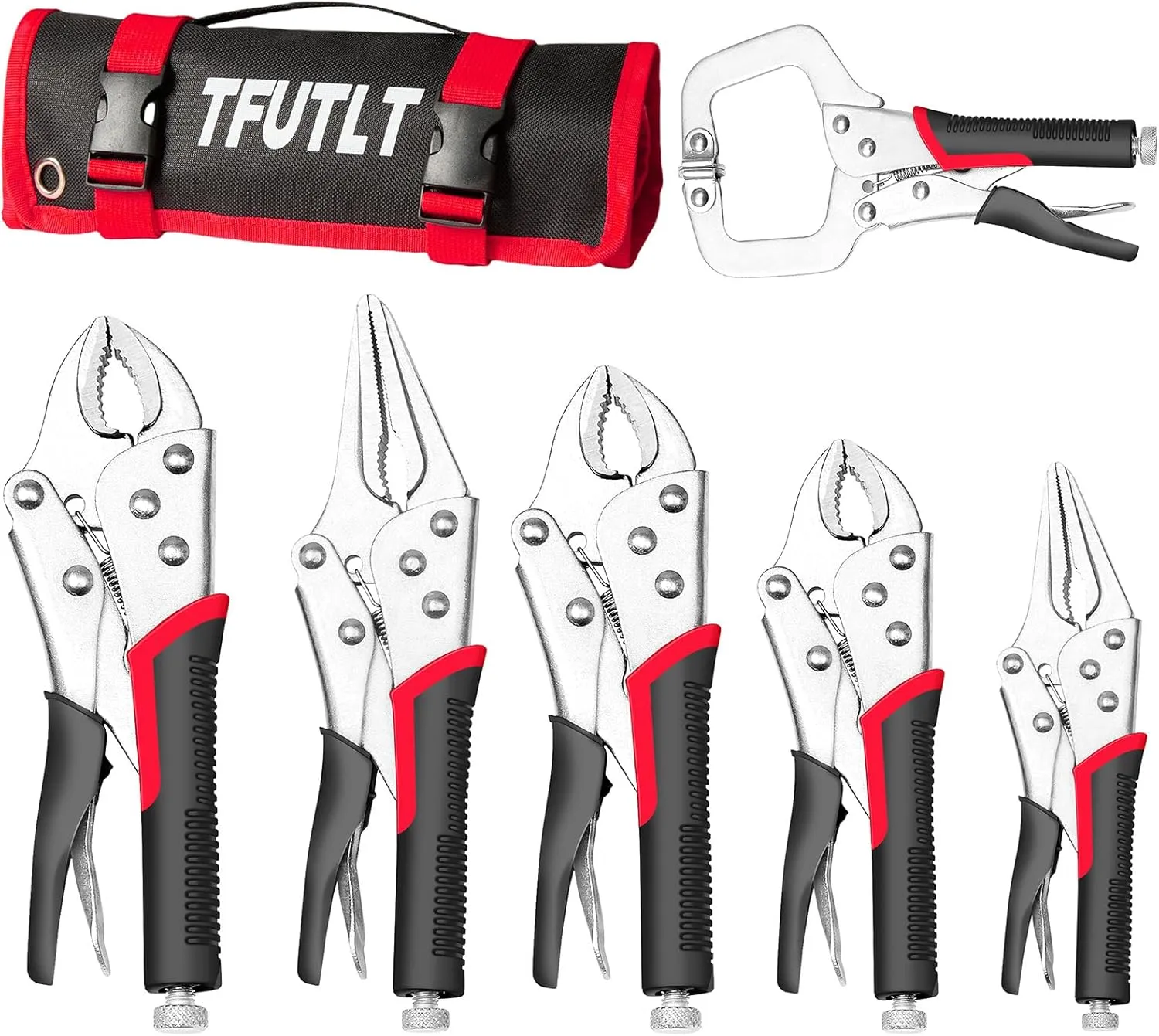 Locking Pliers Set,6-Pack Vice Grips Pliers Set,5",7",10"Curved Jaw Locking Pliers,6-1/2",9-1/2" Long Nose Locking Pliers,6"C-Clamp Plier with Bag,Fast Release,Fit for Clamping,Twisting,Metal Bending