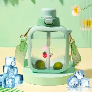 LueWeiLIFE 24 Oz Cute Clear Water Bottle Cold Chil Icel with Straw Portable Kawaii Transparent Bottles with Adjustable Strap for School Travel Camping Sports Travel (B-Green)