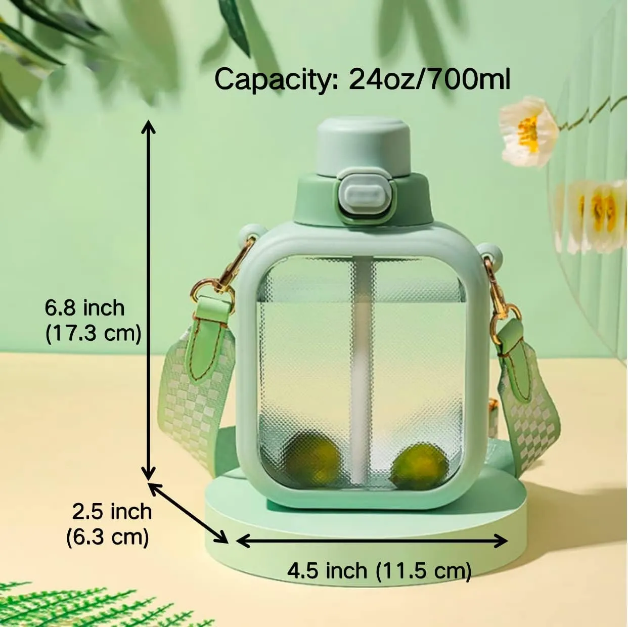 LueWeiLIFE 24 Oz Cute Clear Water Bottle Cold Chil Icel with Straw Portable Kawaii Transparent Bottles with Adjustable Strap for School Travel Camping Sports Travel (B-Green)
