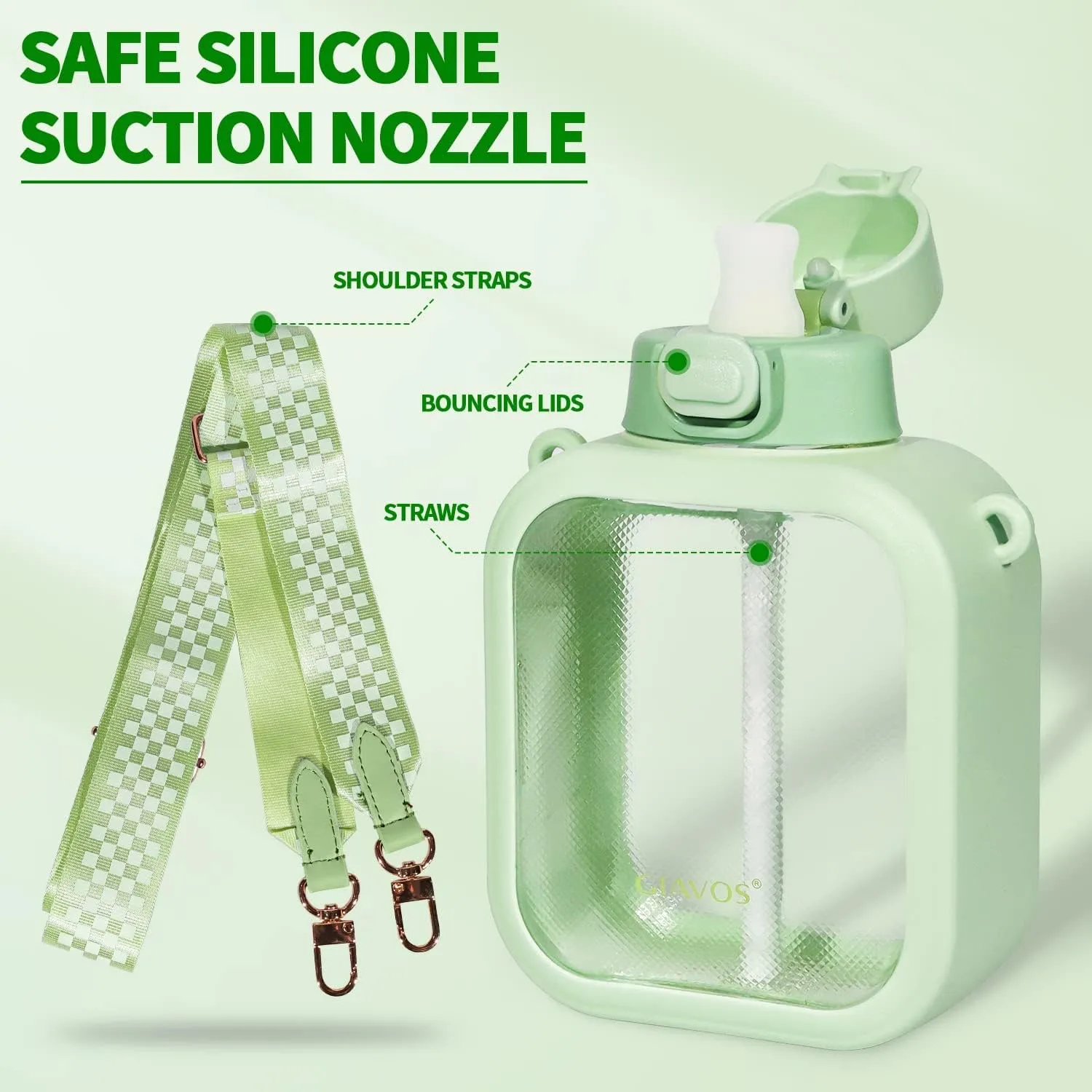 LueWeiLIFE 24 Oz Cute Clear Water Bottle Cold Chil Icel with Straw Portable Kawaii Transparent Bottles with Adjustable Strap for School Travel Camping Sports Travel (B-Green)