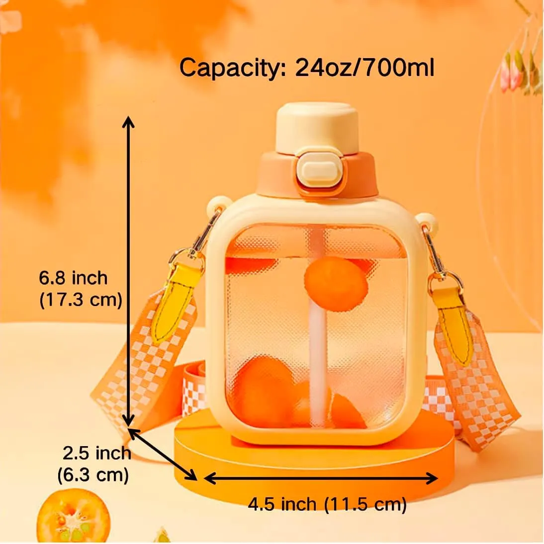 LueWeiLIFE 24 Oz Cute Clear Water Bottle Cold Chil Icel with Straw Portable Kawaii Transparent Bottles with Adjustable Strap for School Travel Camping Sports Travel (C-Orange)