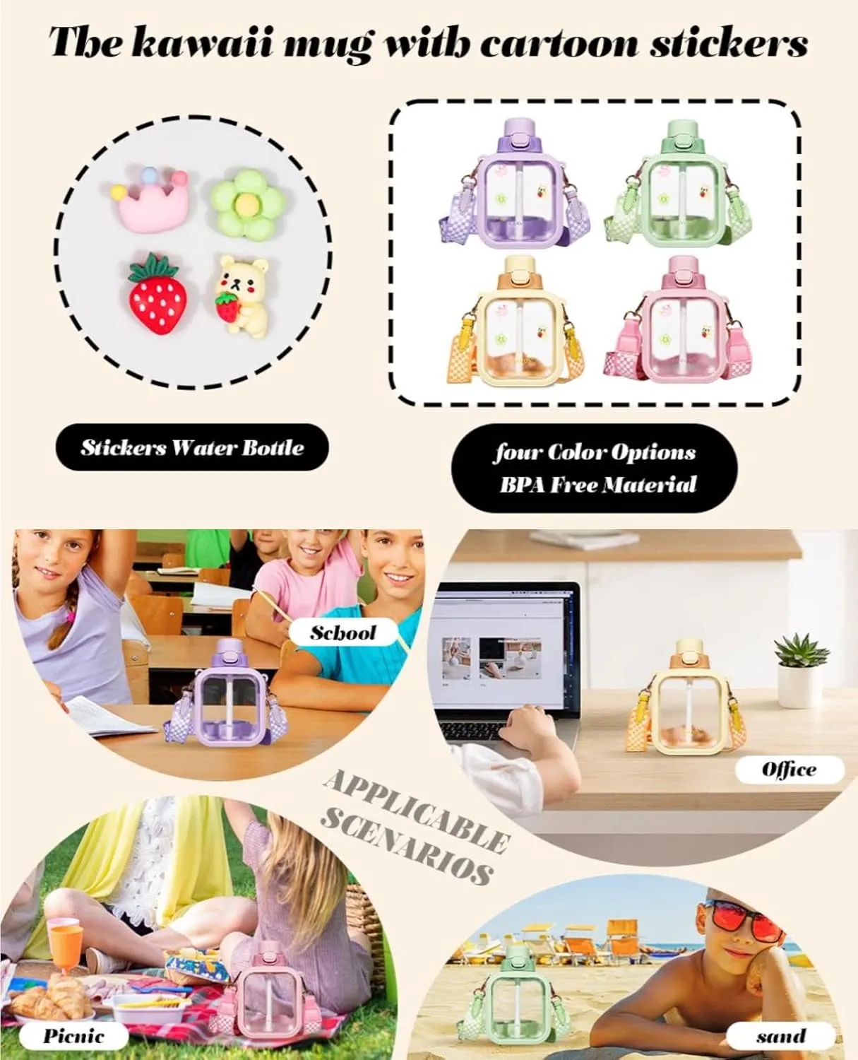 LueWeiLIFE 24 Oz Cute Clear Water Bottle Cold Chil Icel with Straw Portable Kawaii Transparent Bottles with Adjustable Strap for School Travel Camping Sports Travel (C-Orange)