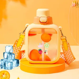 LueWeiLIFE 24 Oz Cute Clear Water Bottle Cold Chil Icel with Straw Portable Kawaii Transparent Bottles with Adjustable Strap for School Travel Camping Sports Travel (C-Orange)